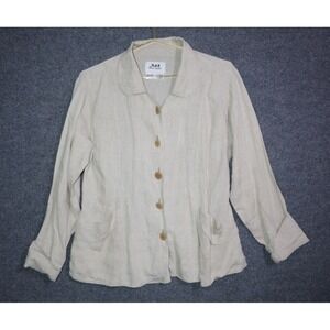 FLAX Shirt Jacket Women Medium Beige Tan Relaxed Button‎ Down Linen Cinched EUC